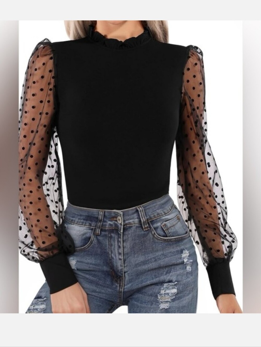 Black Polka Dot Mesh Sleeve Women's Top